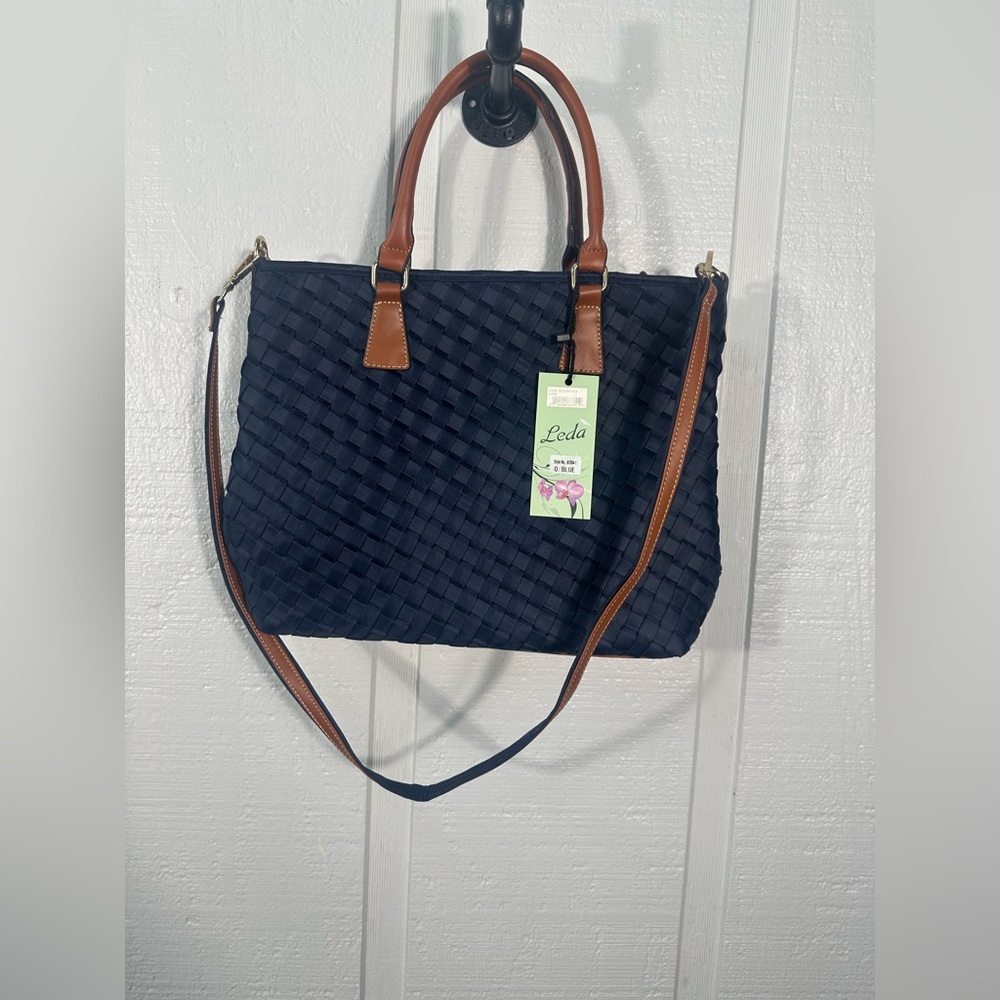 Leda Navy and Brown Purse with Shoulder and Hand Straps NWT